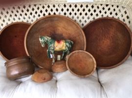 Hand forged wooden bowls and large bread trough shown with a wonderful hand-carved horse