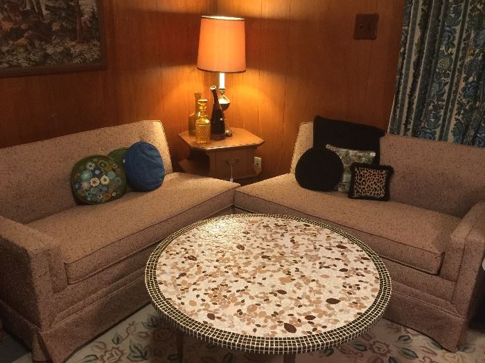 vintage sofa-put together for one long couch! Awesome mosaic coffee table!