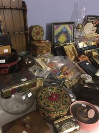 Tables of vintage items.