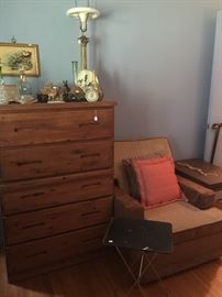 Chest of drawers, little tray table, another great chair.