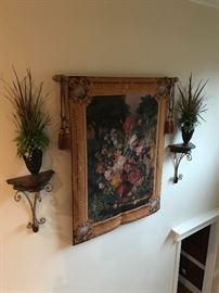 Large Floral Tapestry on rod w/tassels, Wood/Wrought Iron Sconce, Vase w/arrangement 