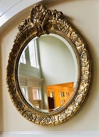 Antique Large Gilt Round Beveled Mirror 