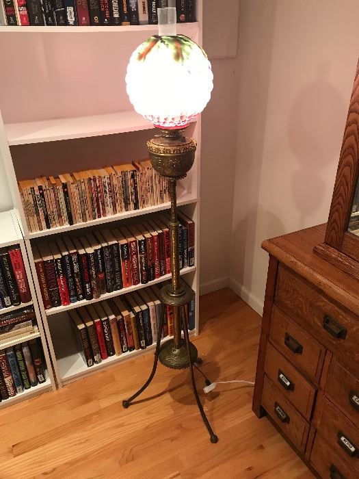 Antique Brass Piano Lamp w/ melon rubbed reverse painted shade.