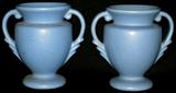 Lot #3: 2 Light Blue Vases, Satin Finish, Double Scrolling Handles, 7.75"T.