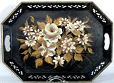 Lot #4: Black Octagonal Metal Tole Hand Painted Floral Tray, Pierced Gallery, Tab Handles, 13.5"W x 18.25"L.