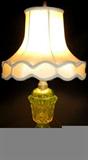 Lot #11: Vaseline Glass Table Lamp w/Flared Fabric Shade, 20.5"T.