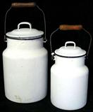 Lot #23: 2 White Enamel Covered Milk Cans w/Wired Wood Handles, 9.5" & 11"T.