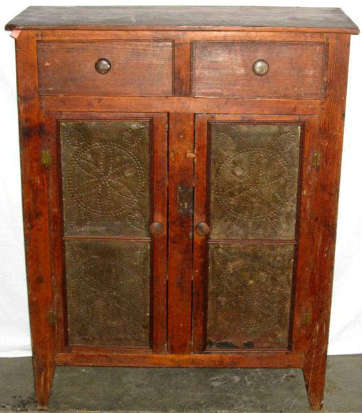 Lot #25: Primitive Pie Safe, 2 Upper Drawers, 2 Lower Doors w/Hammered Metal Panel Inserts, Wood Pulls & Latches, 2 Shelves, Footed, 39"W x 15.25"D x 49.25"T.