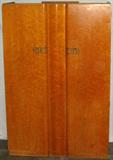 Lot #50: Wrighton 1930's English Armoire, Bird's Eye Maple, Linen Fold Front, Double Doors, Decorative Metal Pulls w/Escutcheon, Metal Tag "Wrighton Distinctive Furniture Est. 1882," 48"W x 20.5"D x 72"T.