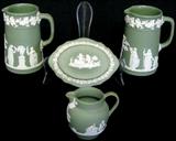Lot #60: Five Piece Green Wedgwood England Jasperware Lot Inc. 3 Pitchers, 2.5" To 4.5"T & Covered Box, 4.5"L.