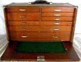 Lot #72: Small Wood Storage Cabinet w/8 Drawers Handle at Top Front Comes Off For Access, 20"W x 9"D x 12"T.