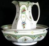 Lot #76: Vintage Wash Basin & Pitcher Green Mark "Royal Corona Ware S. Hancock & Sons Stroke On Trent England Stella," Bowl 15"D, Pitcher, 12.75"T.