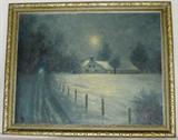 Lot #7: Carved Wood Framed Oil On Canvas, Moonlit Country Landscape w/Farmhouse, Signed Fay, 18"T x 22.75"W.