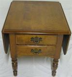Lot #165:  Ethan Allen Maple Drop Side End Table, 2 Drawers, Decorative Brass Pulls, Turned Legs, 37.5"W x 25.5"D x 21"T.