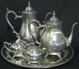 Lot #166:  Silver Plated Tea/Coffee Service 6 Piece Lot Inc. Coffee Pot, Tea Pot (Both Marked WM Rogers 800) Creamer, Covered Sugar & Round Tray w/Pierced Rim Marked WMA Rogers, 14.5"D.