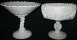 Lot #53:  2 Unusual Decorative Milk Glass Compotes, One Compote w/Figural Standard, 7.75"T.