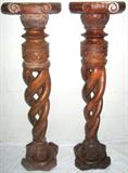 Lot #66:  Two Carved & Twisted Wood Columns, Light Finish, 41.5"T.