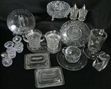 Lot #95:  19 Piece Glass Lot Inc. Tray w/Creamer, Sugar & Salt/Pepper Shakers, Footed Bowl, 2 Covered Dishes, Salt/Pepper Shakers, "God Bless America" Paper Weight & More.