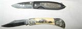 Lot #81:  Two Pocket Knives Inc. "Fighter Plus" Folding Pocket Knife, Stainless Blade, Handle Painted Bear Design & Decorative Metal Accents & Black Mesh Carry Case, 7"L; & R Stainless Steel w/Snake Skin Look Accent, 6.5"L.