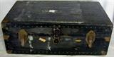 Lot #213:  Vintage Black Steamer Trunk, Decorative Metal Banded & Riveting, Original Paper Lining, 32"W x 19"D x 12"T.       25.00