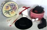 Lot #214:  3 Vintage Felt Hats Inc. Ladies Red "Doeskin" Geo W Bollman & Co. & Men's Black Wide Band "Stovepipe" & White Feather/Jeweled Tie Both Used In Reenactments, Black Ladies Adorned w/Flowers & Netting, Plus Large Black Feather.