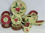 Lot #220:  Lot Contains 35 Pieces "Stangl" Magnolia Pottery Inc. 10 Dinner Plates (10"D), 10 Lug Handle Bowls, 9 Bread Plates, 3 Saucers, Tea/Coffee Pot, Gravy Boat, & Creamer.