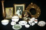 Lot #226:  Ladies Lot Inc. Over 11 Pieces, Green "Jasperware" Saucer, 3 Pictures, Tall Gold Vase, 7 Pieces Marked "Coors U.S.A.", Single Creamer Marked "T H F Maddock," 2 Covered Dishes (1 Marked Royal Albert Bone China), Framed Mirror and More.