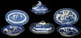 Lot #200A:  8 Older Blue Willow Serving Pieces, Inc. 2 Large Covered Casseroles (1 Casserole/Lid Chipped), 2 Oval Vegetable Bowls (10"L) & 2 Heavy Platters (12 & 12.5"L), Marked Buffalo Pottery, Made In Japan, Made in Occupied Japan & Bailey Walker.
