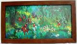 Lot #216:  Wood Framed Colorful English Hunt Scene On Board, Hardware For Hanging, 15"T x 23.5"W.