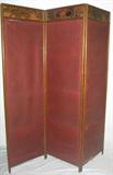 Lot #246:  Early 20th Century 3-Panel Room Screen, Red Fabric, Rattan Framed Panels w/Carved Tops, 66"W x 56"T.
