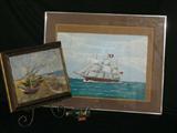 Lot #252:  Acrylic Painting Framed Under Glass of a Schooner Under Sail, 23.5"T x 30"W, Framed Under Acrylic Colorful Sailboats, 14"T x 17"W & a Schooner in the Bottle 6".