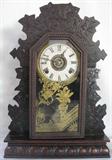 Lot #113:  Ginger Bread Mantle Clock, Carved Wood w/Dark Finish, 14.5"W x 21"T.
