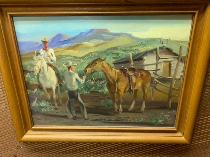 "Cowboys and Two Horses" by Cameron Booth                         Oil on Board 18" x 24"
