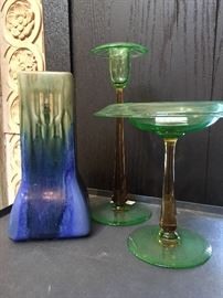 Fulper Vase with Steuben Compote and Candlestick