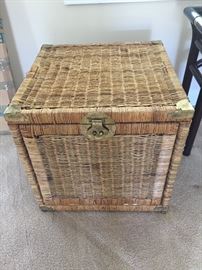 Asian Inspired Glass Topped Wicker Side Table W/Storage 