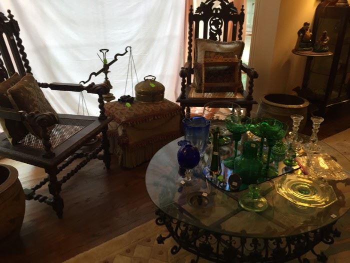 Pair of Antique Carved Over Sized Chairs with Cane Seats, Large Round Glass Topped Wrought Iron Floral Motif Coffee Table