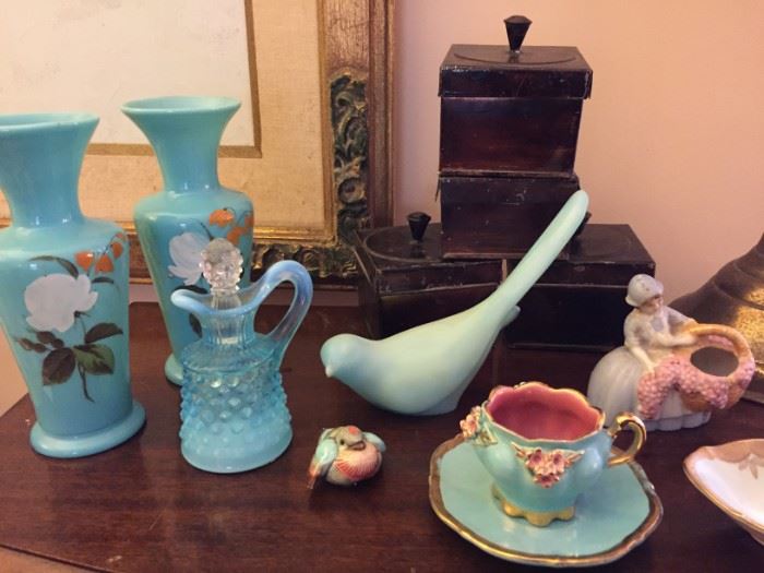 Pair of Aqua Blue Fenton Glass Vases, Antique Tin Boxes