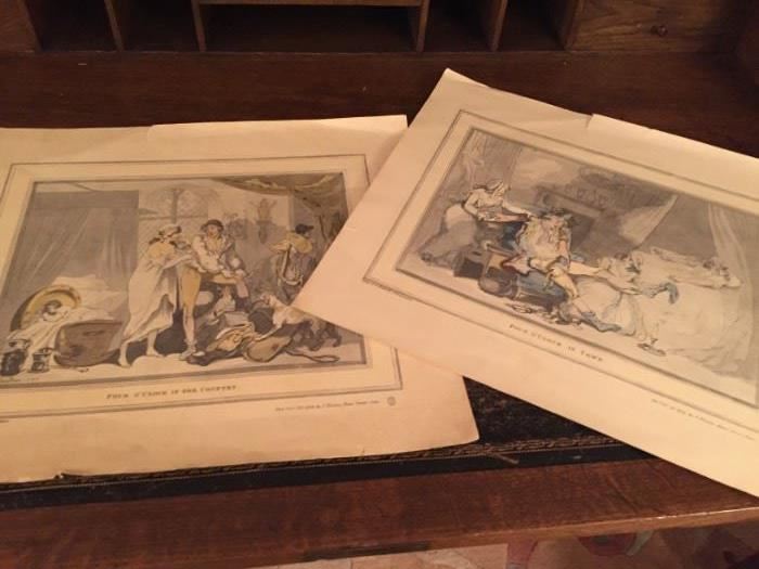 "Four O'Clock in Town" and " Four O'Clock in the Country" , prints by T Rowlandson.