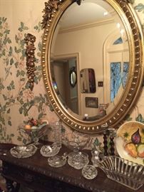 Large Antique Gilded Mirror, Flanked by Gilded Della Robbia Wall Decorations