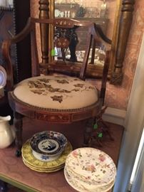 Rare Plantation Era Italian Renaissance Ladies Hoop Skirt Parlor Chair with Ivory and Marquetry Inlay, Original Leaf Motif Needlepoint Seat Cover.