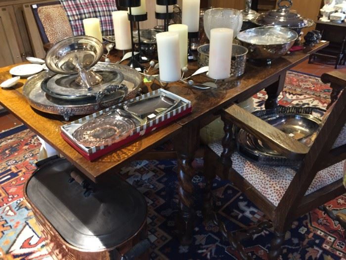 Antique Twisted Barley Extending Table, Large Antique Copper Two-Handled Covered Tub (Perfect for game day libations!)