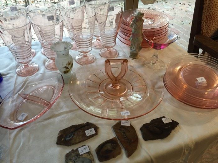 Pink Depression Glassware and Salad Plates