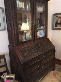 Gorgeous Antique Secretary wit h Lion Head Cravings filled with beautiful decoratives