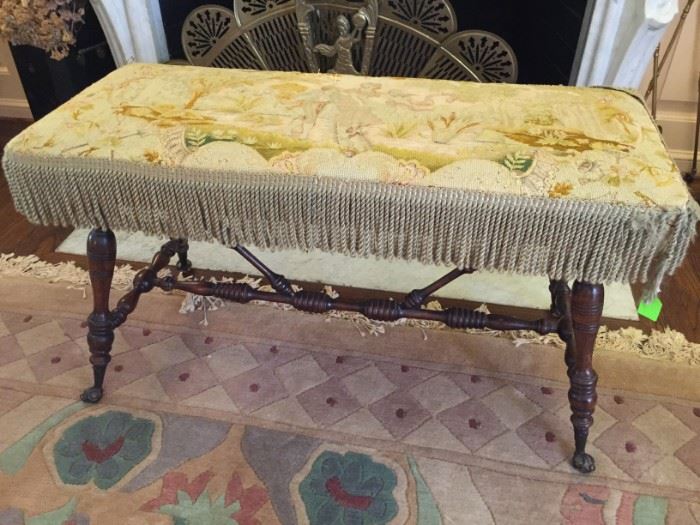 Antique Needlepoint Covered Glass Ball / Claw Footed Turned Leg Fireplace Bench