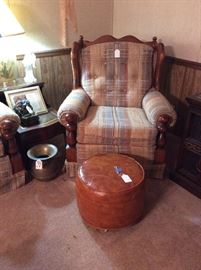 Club chair, hassock, brass spitoon