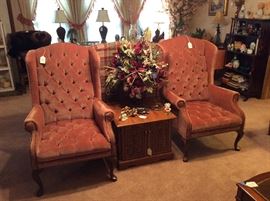 Pair of velveteen tufted Wing back chairs - great color!