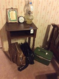 Vintage luggage, side table, oil lamps, retro clocks