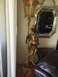 Pair Lighted Blackamoors & Gold Filled Murano Wall Mirror