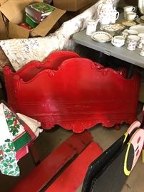 Antique red pair of twin beds-head and foot boards curved