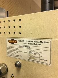 Shop Fox Model M1111 Deluxe Milling Machine with Dovetail Column & Accessories.